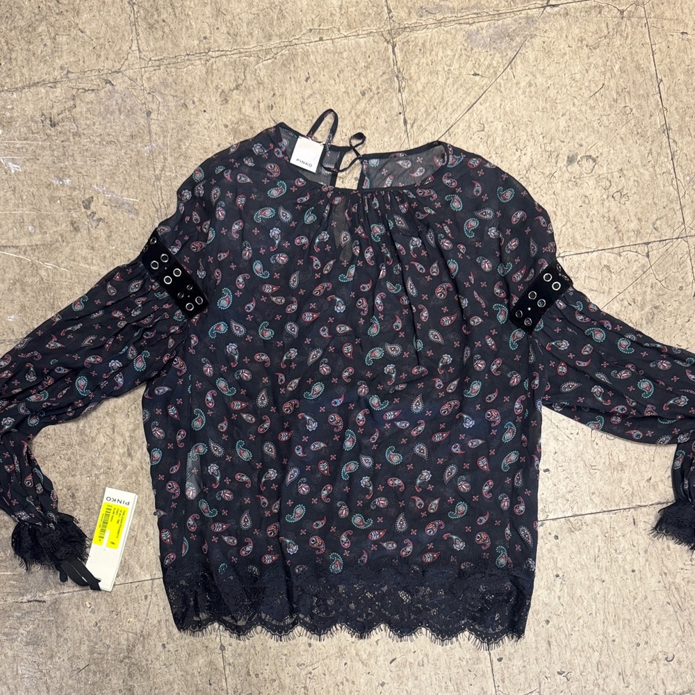 Pinko Black Paisley Blouse with Lace Trim